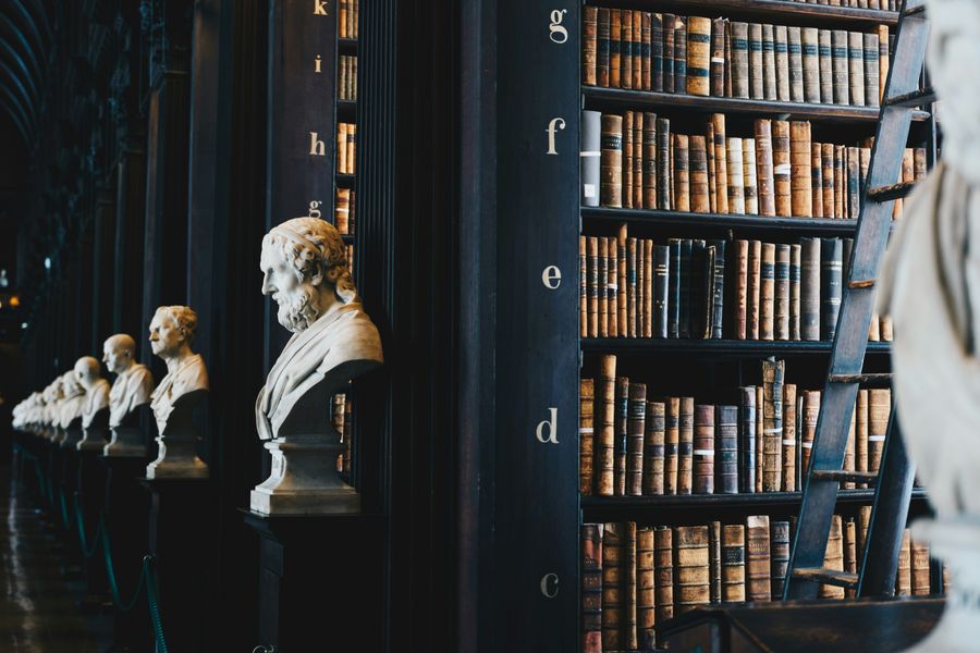 Biblioteca jurídica con bustos